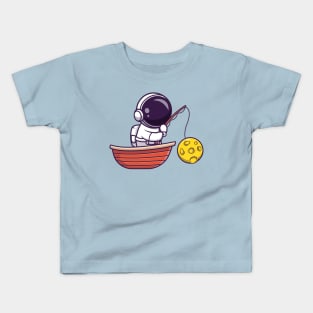 Astronaut Fishing Moon On Boat Cartoon Kids T-Shirt